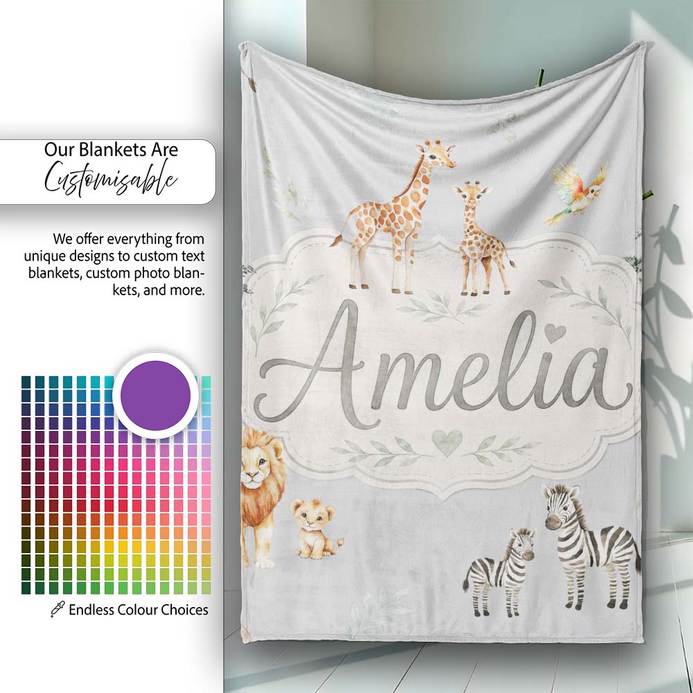 Cute Safari Animals Giraffe Lion Zebra on Grey Background Seamless  Personalised Custom Name Super Soft Fleece Blanket Bed Sofa Throw