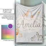 Cute Safari Animals Giraffe Lion Zebra on Grey Background Seamless  Personalised Custom Name Super Soft Fleece Blanket Bed Sofa Throw