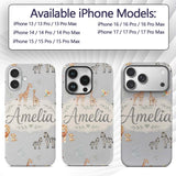 Cute Safari Animals Giraffe Lion Zebra on Grey Custom Name Protective Phone Case Mobile Cover Durable Everyday Smartphone Shock Resistant