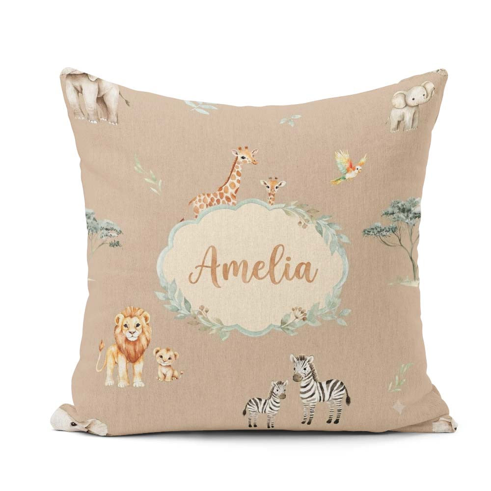 Custom Name Safari Animals Giraffe Lion Zebra on Beige Seamless Square Filled Cushion Throw Pillow Sofa Bed Home Decor Zip Washable UK Made