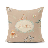 Custom Name Safari Animals Giraffe Lion Zebra on Beige Seamless Square Filled Cushion Throw Pillow Sofa Bed Home Decor Zip Washable UK Made