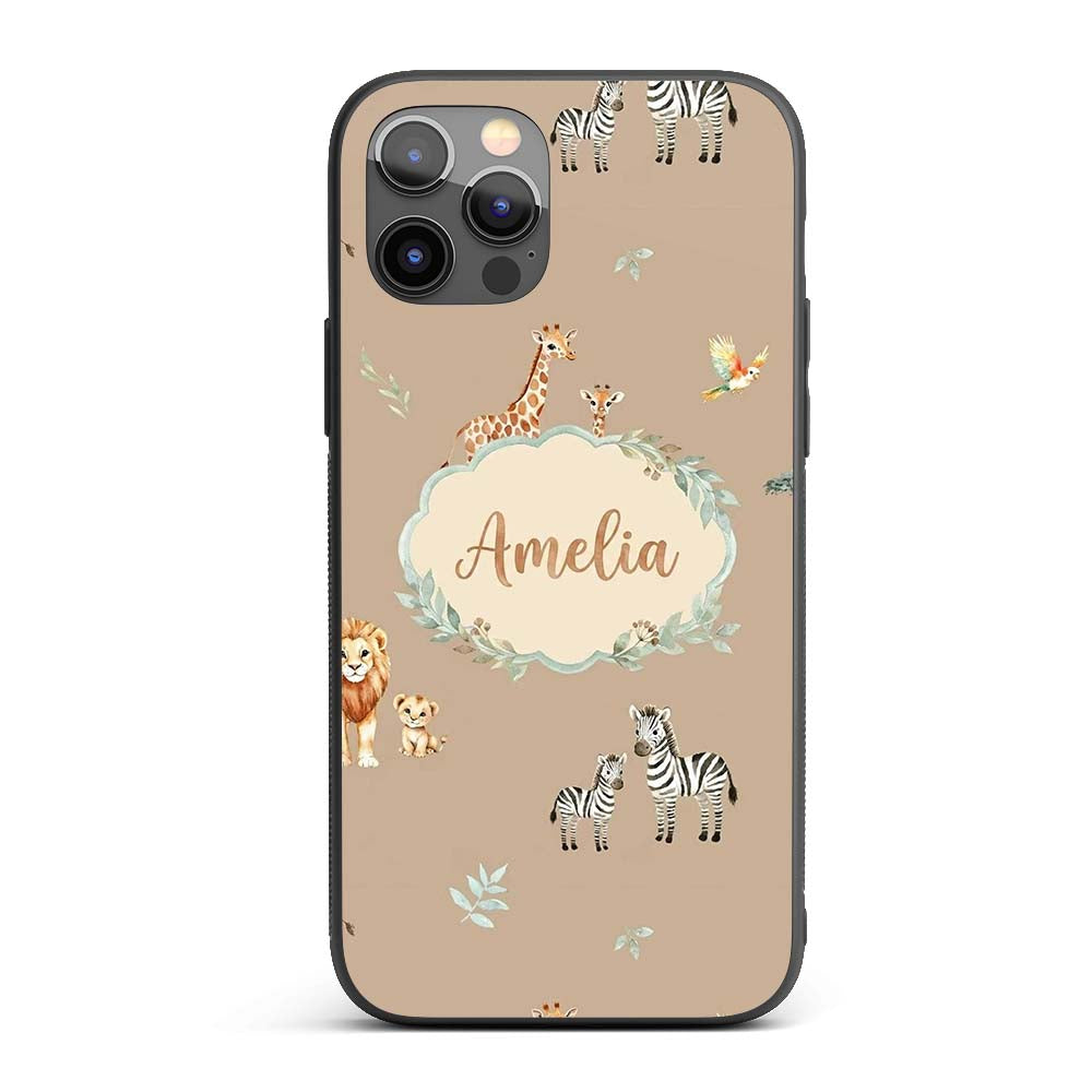 Cute Safari Animals Giraffe Lion Zebra on Beige Custom Name Protective Phone Case Mobile Cover Durable Everyday Smartphone Shock Resistant