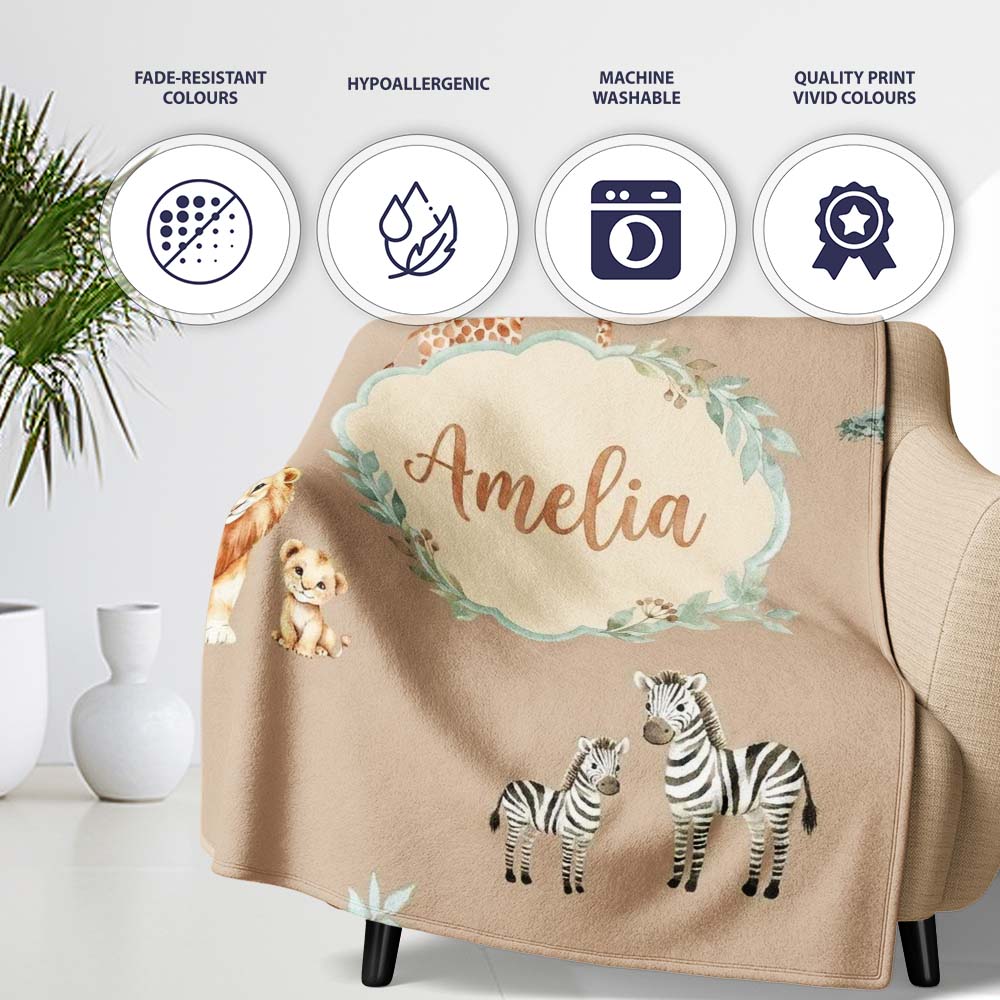 Cute Safari Animals Giraffe Lion Zebra on Beige Background Seamless  Personalised Custom Name Super Soft Fleece Blanket Bed Sofa Throw
