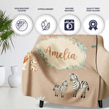 Cute Safari Animals Giraffe Lion Zebra on Beige Background Seamless  Personalised Custom Name Super Soft Fleece Blanket Bed Sofa Throw