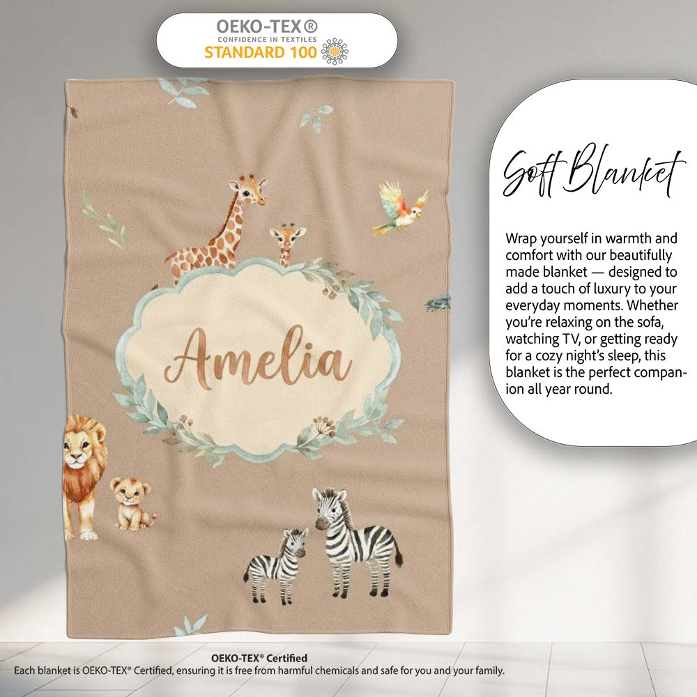 Cute Safari Animals Giraffe Lion Zebra on Beige Background Seamless  Personalised Custom Name Super Soft Fleece Blanket Bed Sofa Throw