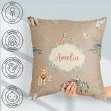 Custom Name Safari Animals Giraffe Lion Zebra on Beige Seamless Square Filled Cushion Throw Pillow Sofa Bed Home Decor Zip Washable UK Made