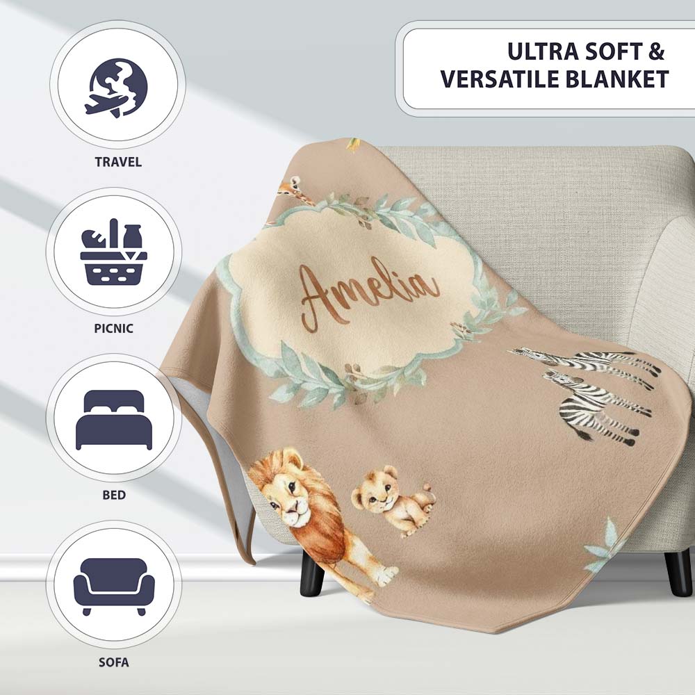 Cute Safari Animals Giraffe Lion Zebra on Beige Background Seamless  Personalised Custom Name Super Soft Fleece Blanket Bed Sofa Throw