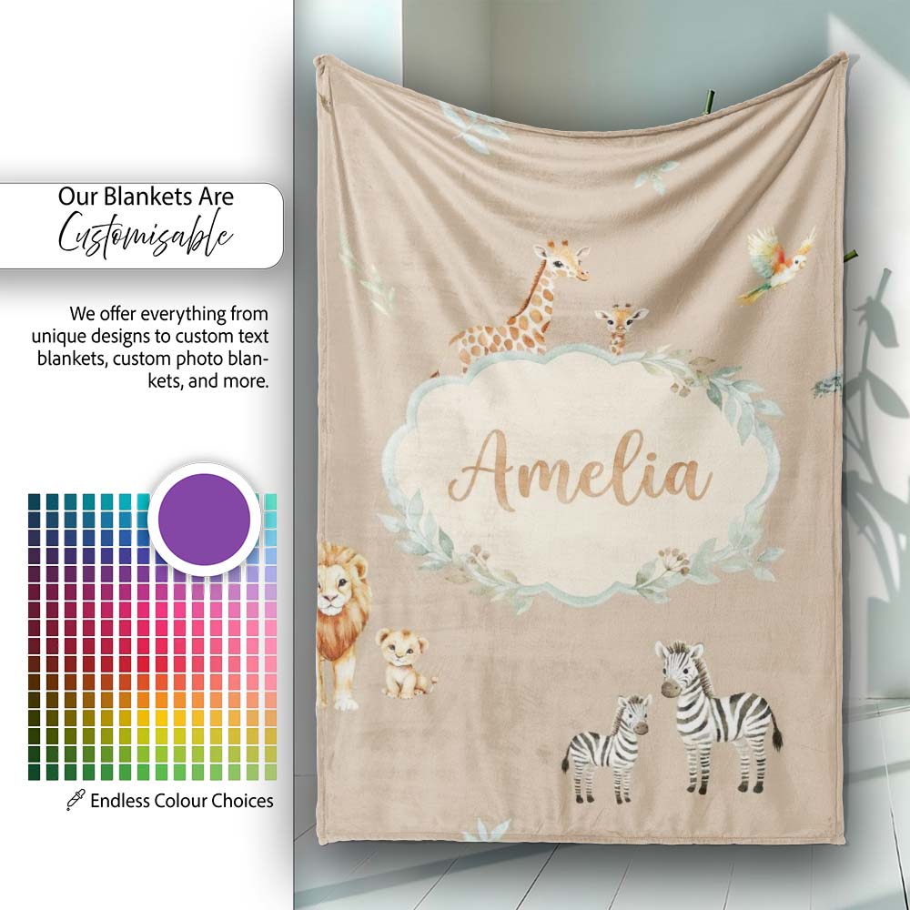 Cute Safari Animals Giraffe Lion Zebra on Beige Background Seamless  Personalised Custom Name Super Soft Fleece Blanket Bed Sofa Throw