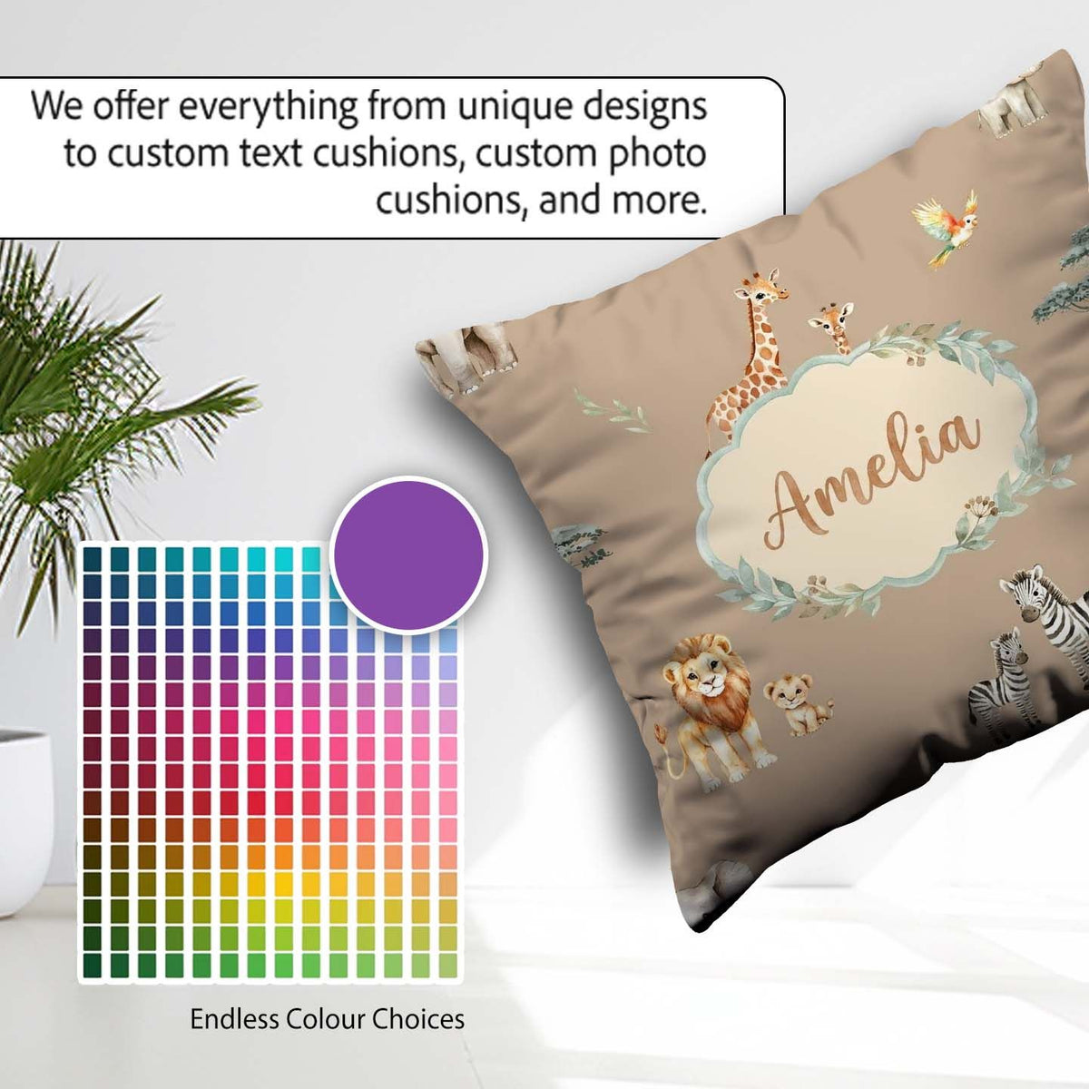 Custom Name Safari Animals Giraffe Lion Zebra on Beige Seamless Square Filled Cushion Throw Pillow Sofa Bed Home Decor Zip Washable UK Made