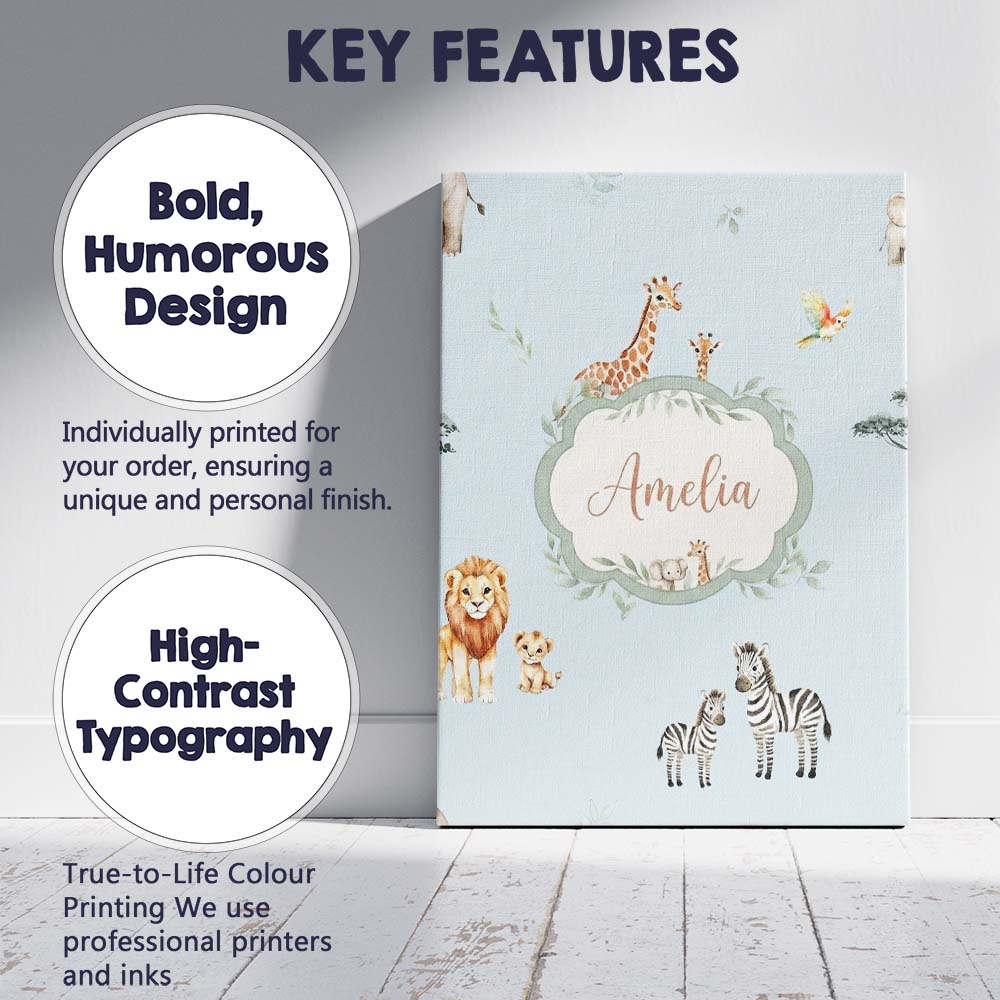 Personalised Name Cute Safari Animals Custom Modern Room Accent Creative Decorator Style Canvas Wall Art Print Decor Picture Ready to Hang