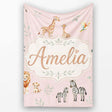Cute Safari Animals Giraffe Lion Zebra on Soft Pink Background  Personalised Custom Name Super Soft Fleece Blanket Bed Sofa Throw