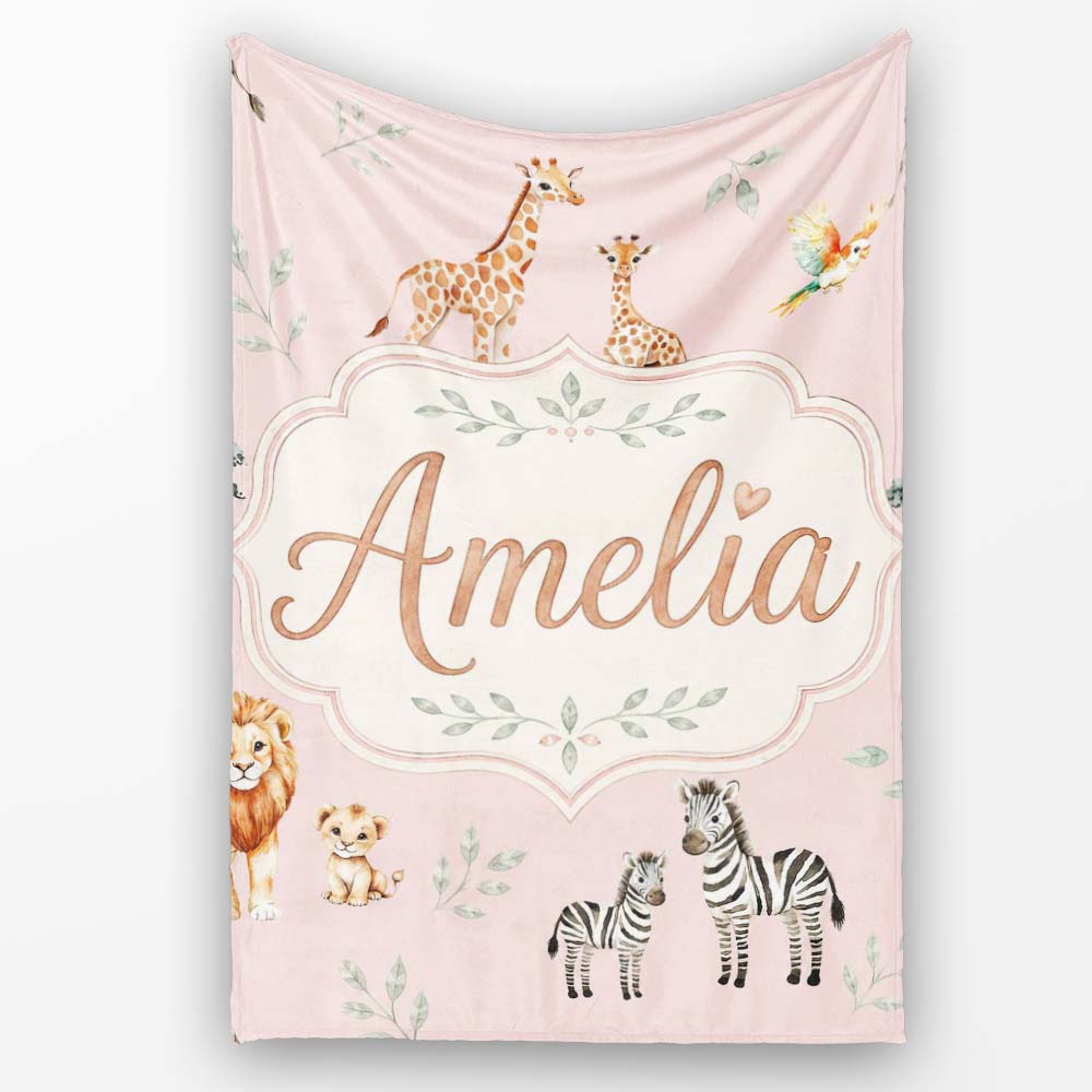 Cute Safari Animals Giraffe Lion Zebra on Soft Pink Background  Personalised Custom Name Super Soft Fleece Blanket Bed Sofa Throw