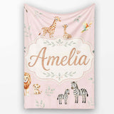 Cute Safari Animals Giraffe Lion Zebra on Soft Pink Background  Personalised Custom Name Super Soft Fleece Blanket Bed Sofa Throw
