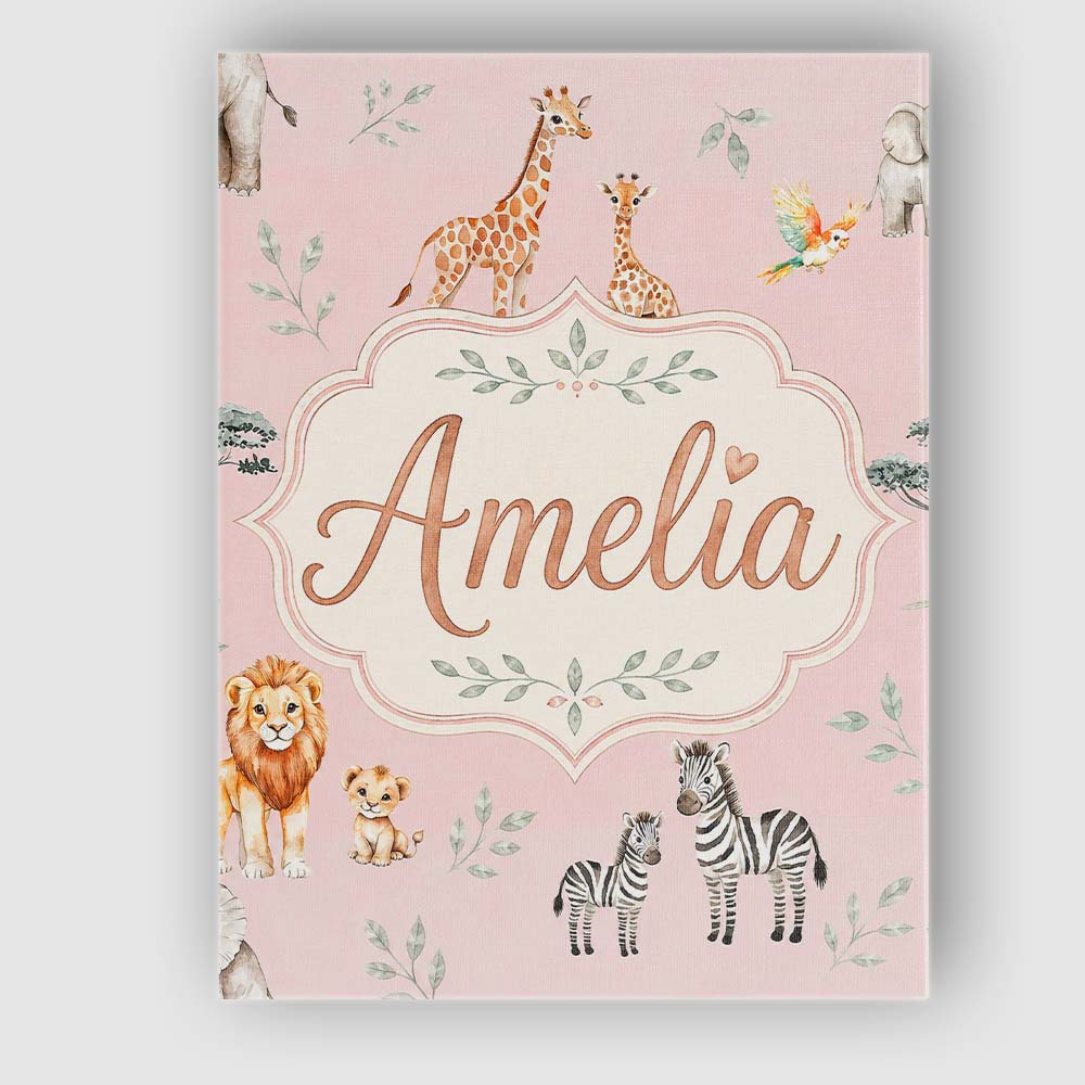 Personalised Name Cute Safari Animals Custom Modern Room Accent Creative Decorator Style Canvas Wall Art Print Decor Picture Ready to Hang
