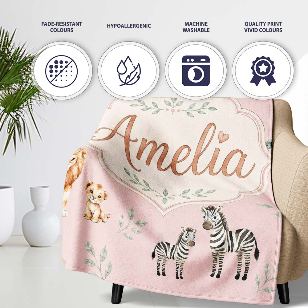 Cute Safari Animals Giraffe Lion Zebra on Soft Pink Background  Personalised Custom Name Super Soft Fleece Blanket Bed Sofa Throw