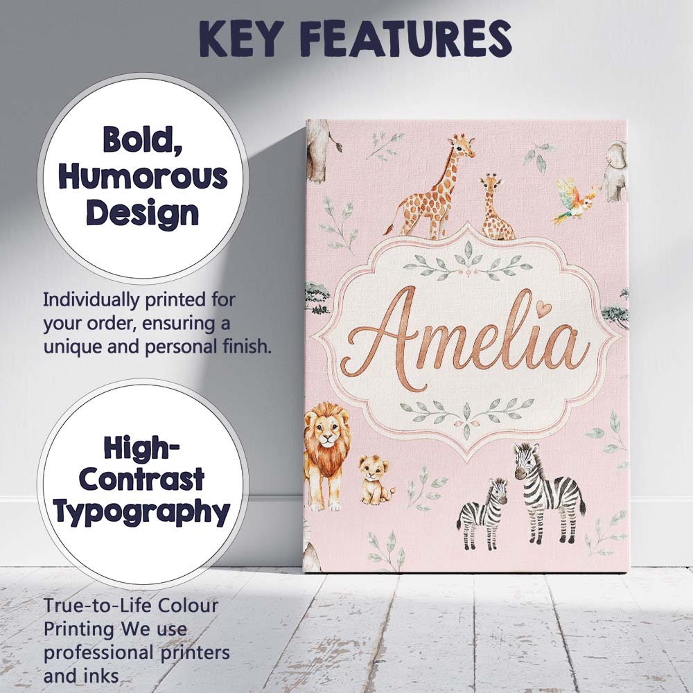 Personalised Name Cute Safari Animals Custom Modern Room Accent Creative Decorator Style Canvas Wall Art Print Decor Picture Ready to Hang