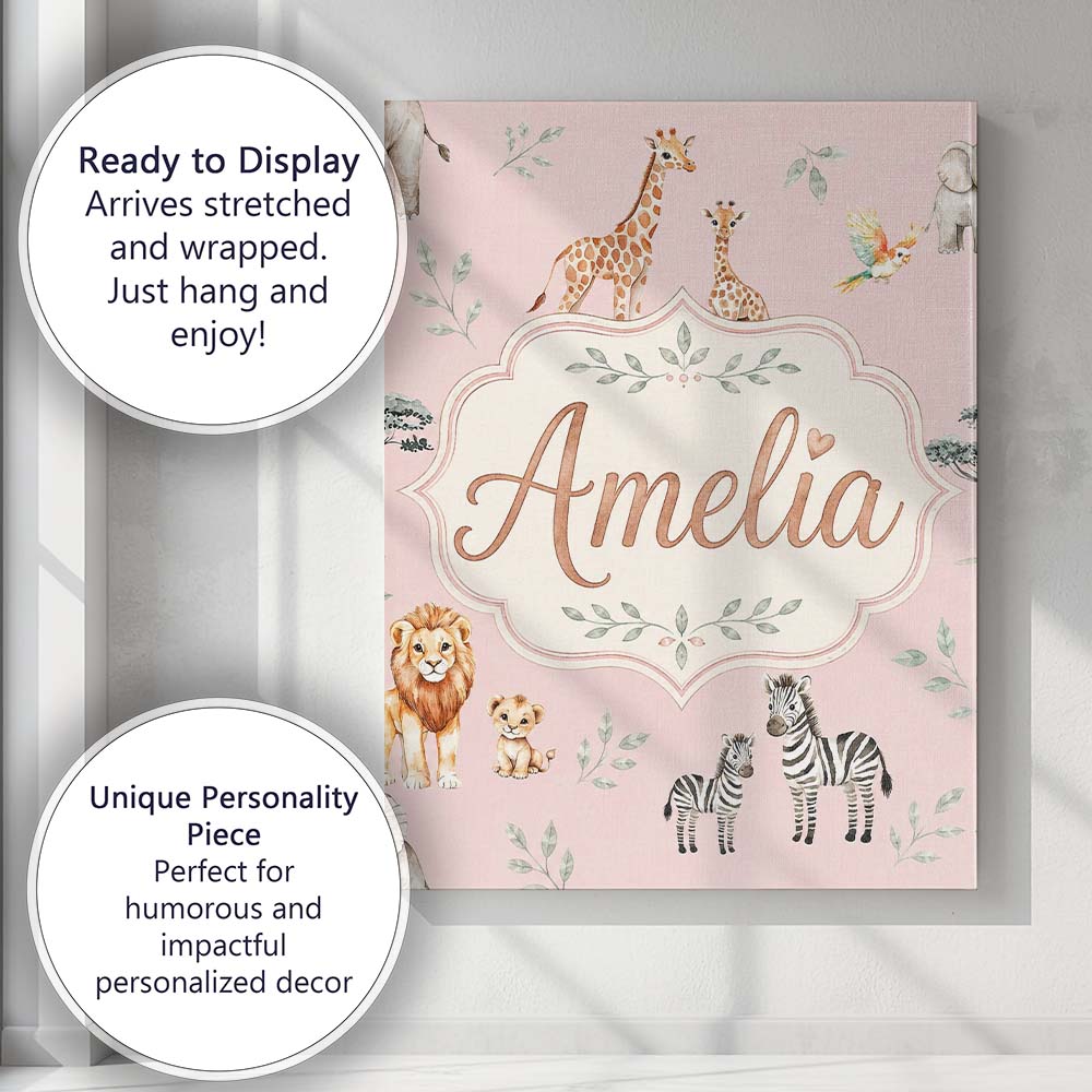 Personalised Name Cute Safari Animals Custom Modern Room Accent Creative Decorator Style Canvas Wall Art Print Decor Picture Ready to Hang