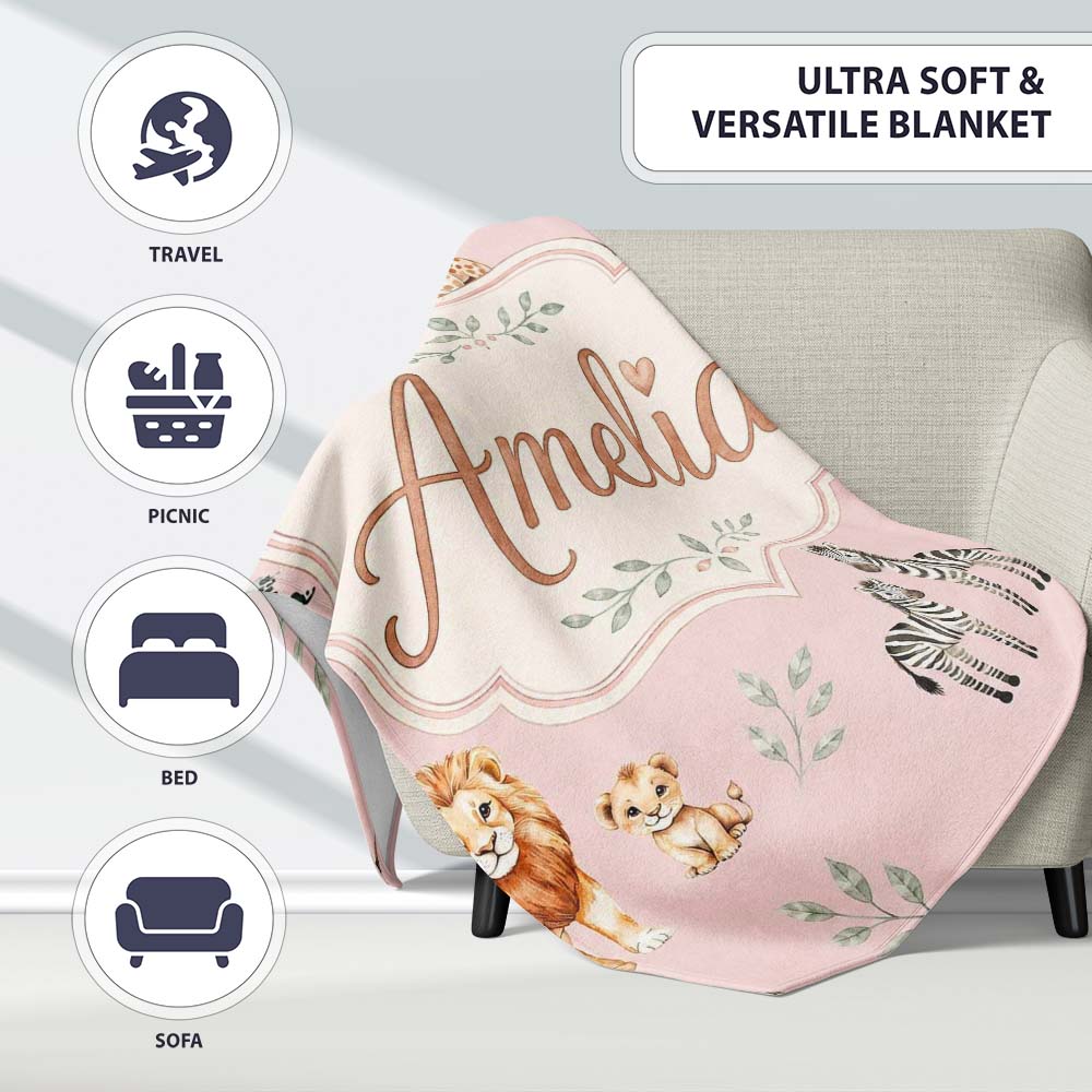 Cute Safari Animals Giraffe Lion Zebra on Soft Pink Background  Personalised Custom Name Super Soft Fleece Blanket Bed Sofa Throw