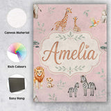 Personalised Name Cute Safari Animals Custom Modern Room Accent Creative Decorator Style Canvas Wall Art Print Decor Picture Ready to Hang