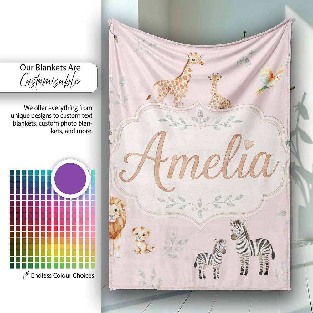 Cute Safari Animals Giraffe Lion Zebra on Soft Pink Background  Personalised Custom Name Super Soft Fleece Blanket Bed Sofa Throw