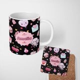 Personalized Custom Name Cute Cupid Angels Hearts Sweets Balloon Love Elements Pattern Black 11oz Ceramic Coffee Tea Mug White Large Handle