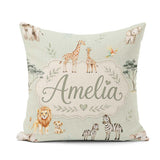 Custom Name Safari Animals Giraffe Lion Zebra Sage Green Pattern Square Filled Cushion Throw Pillow Sofa Bed Home Decor Zip Washable UK Made