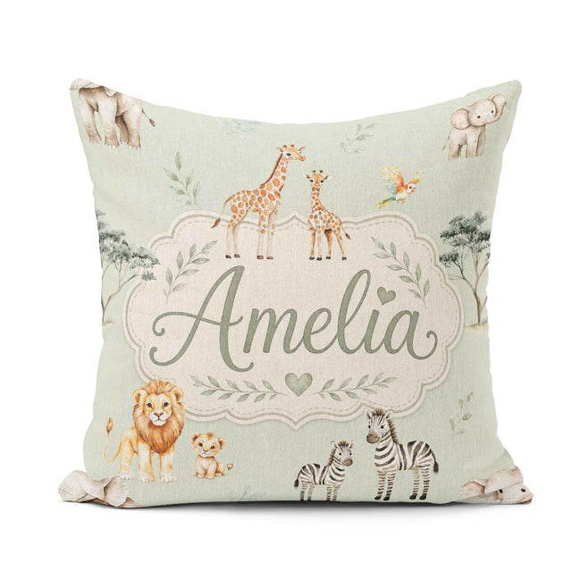 Custom Name Safari Animals Giraffe Lion Zebra Sage Green Pattern Square Filled Cushion Throw Pillow Sofa Bed Home Decor Zip Washable UK Made
