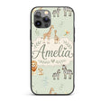 Safari Animals Giraffe Lion Zebra on Sage Green Custom Name Protective Phone Case Mobile Cover Durable Everyday Smartphone Shock Resistant