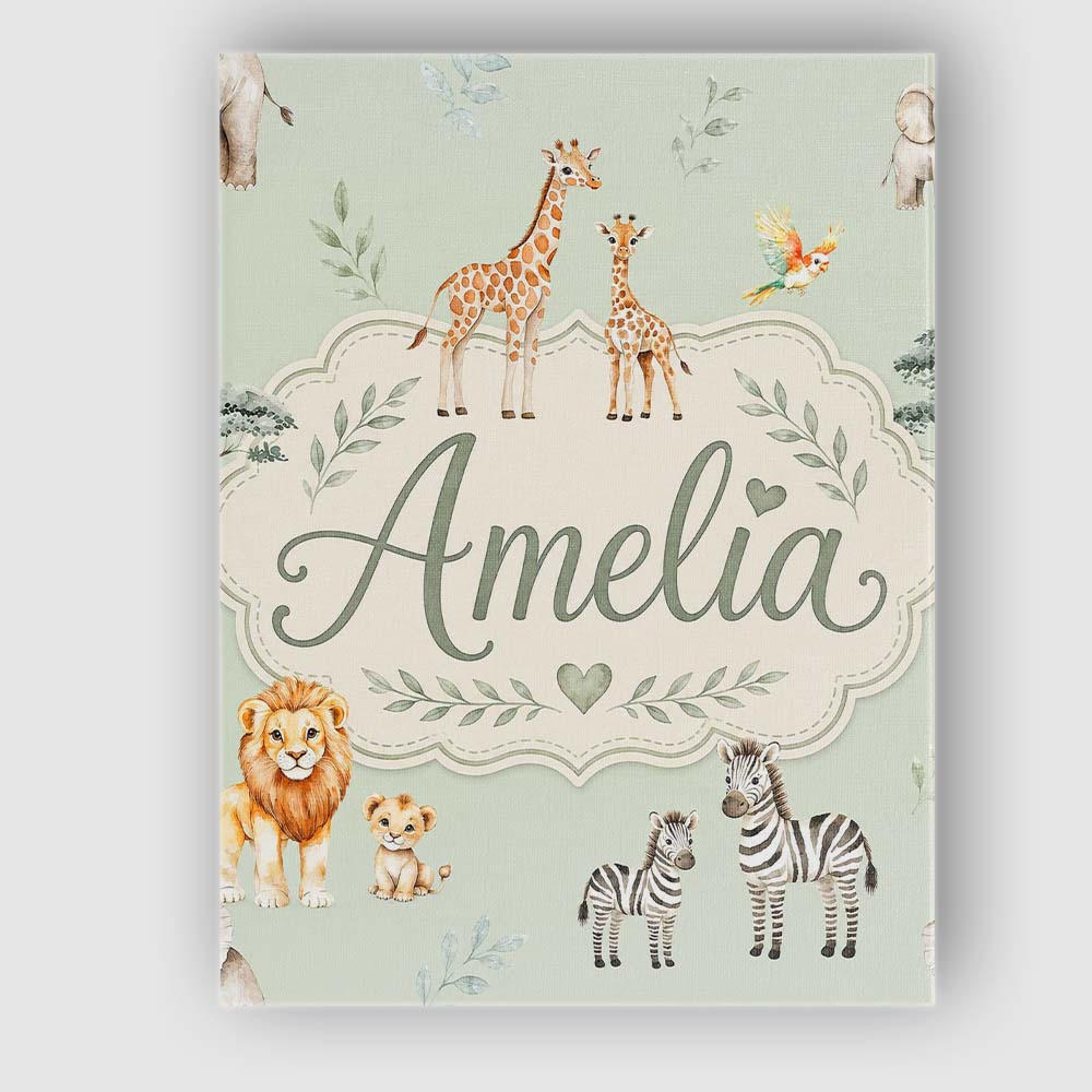 Personalised Name Safari Animals Giraffe Custom  Unique Gift Idea Elegant Feature Canvas Wall Art Print Decor Picture Ready to Hang