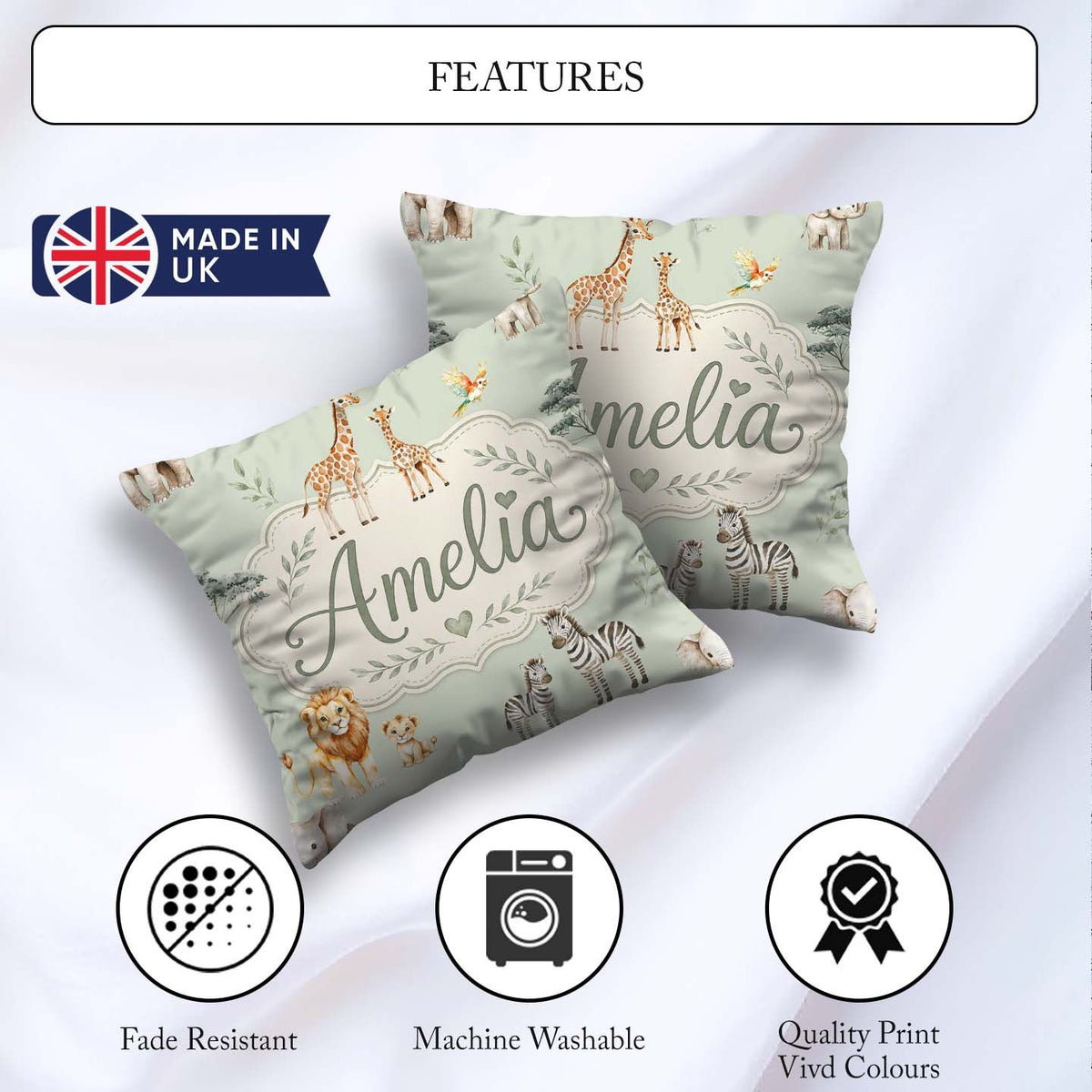 Custom Name Safari Animals Giraffe Lion Zebra Sage Green Pattern Square Filled Cushion Throw Pillow Sofa Bed Home Decor Zip Washable UK Made