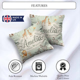 Custom Name Safari Animals Giraffe Lion Zebra Sage Green Pattern Square Filled Cushion Throw Pillow Sofa Bed Home Decor Zip Washable UK Made