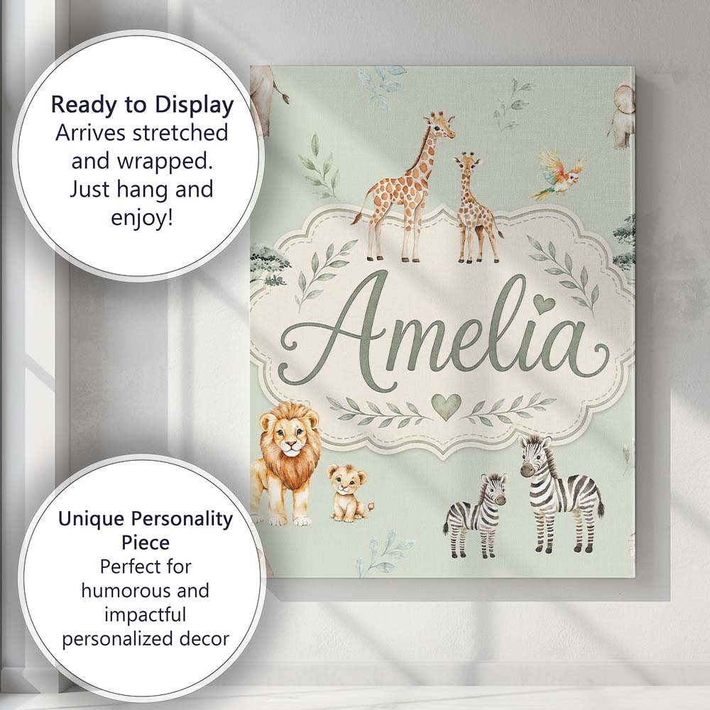 Personalised Name Safari Animals Giraffe Custom  Unique Gift Idea Elegant Feature Canvas Wall Art Print Decor Picture Ready to Hang