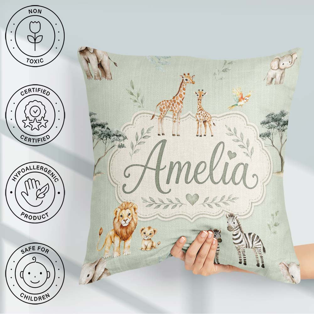 Custom Name Safari Animals Giraffe Lion Zebra Sage Green Pattern Square Filled Cushion Throw Pillow Sofa Bed Home Decor Zip Washable UK Made