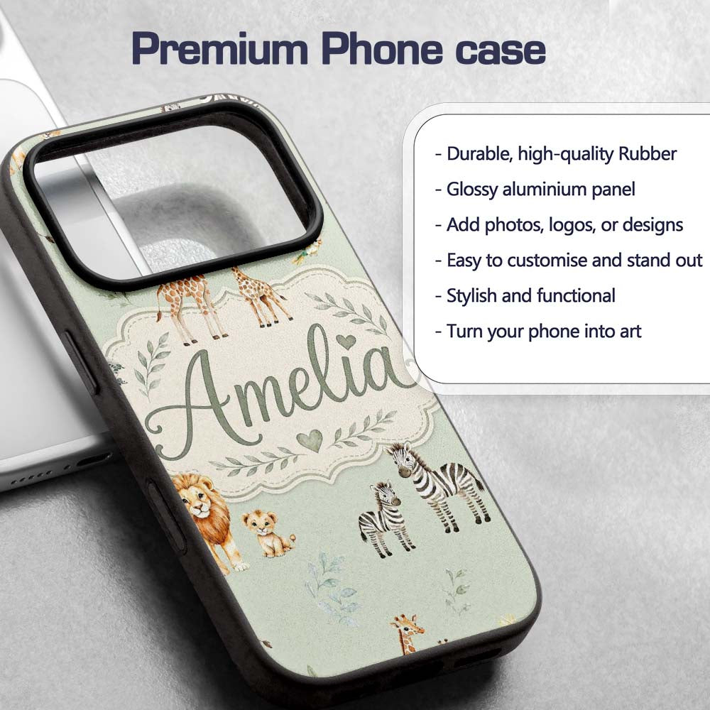 Safari Animals Giraffe Lion Zebra on Sage Green Custom Name Protective Phone Case Mobile Cover Durable Everyday Smartphone Shock Resistant