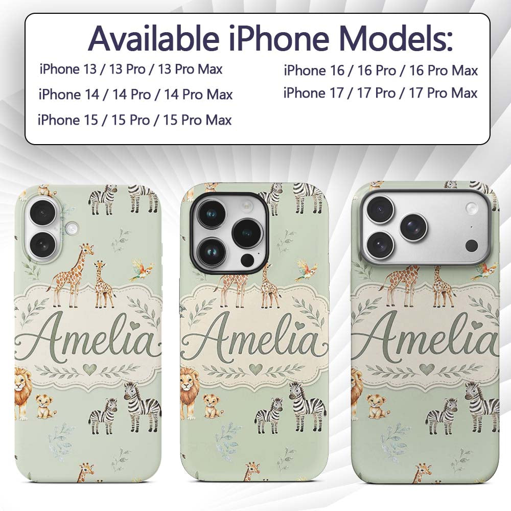 Safari Animals Giraffe Lion Zebra on Sage Green Custom Name Protective Phone Case Mobile Cover Durable Everyday Smartphone Shock Resistant