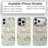 Safari Animals Giraffe Lion Zebra on Sage Green Custom Name Protective Phone Case Mobile Cover Durable Everyday Smartphone Shock Resistant