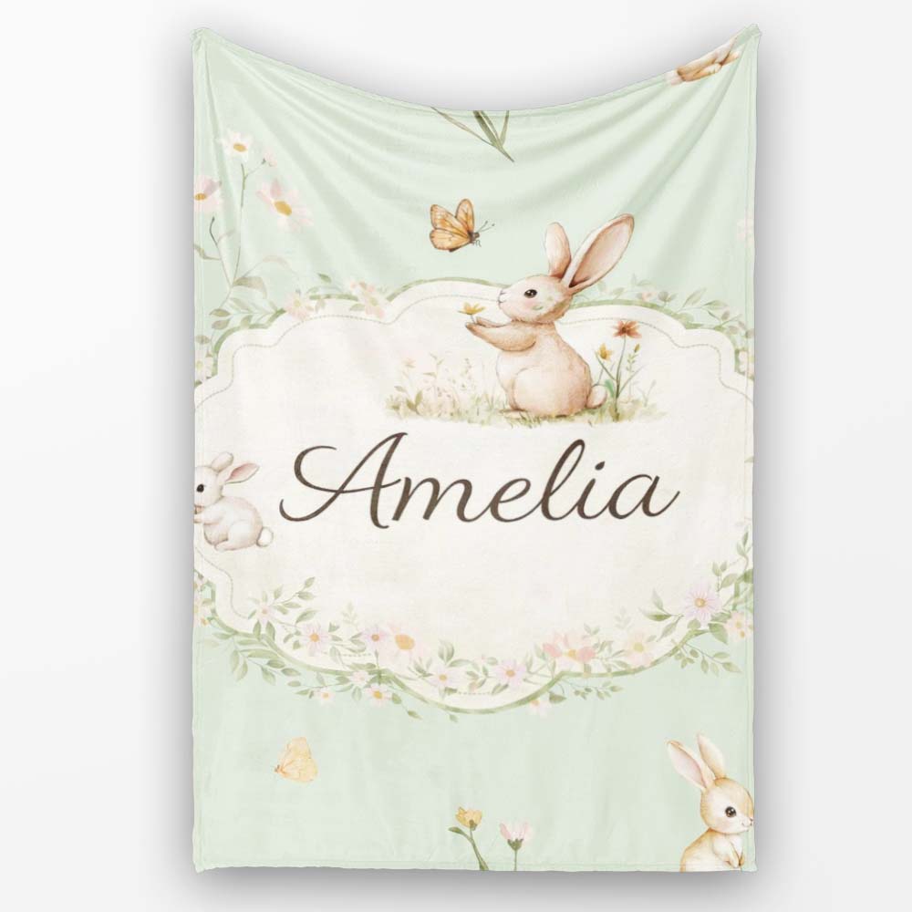 Watercolor Bunny Floral Meadow Pastel Green Seamless Pattern Lovely  Personalised Custom Name Super Soft Fleece Blanket Bed Sofa Throw