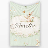 Watercolor Bunny Floral Meadow Pastel Green Seamless Pattern Lovely  Personalised Custom Name Super Soft Fleece Blanket Bed Sofa Throw
