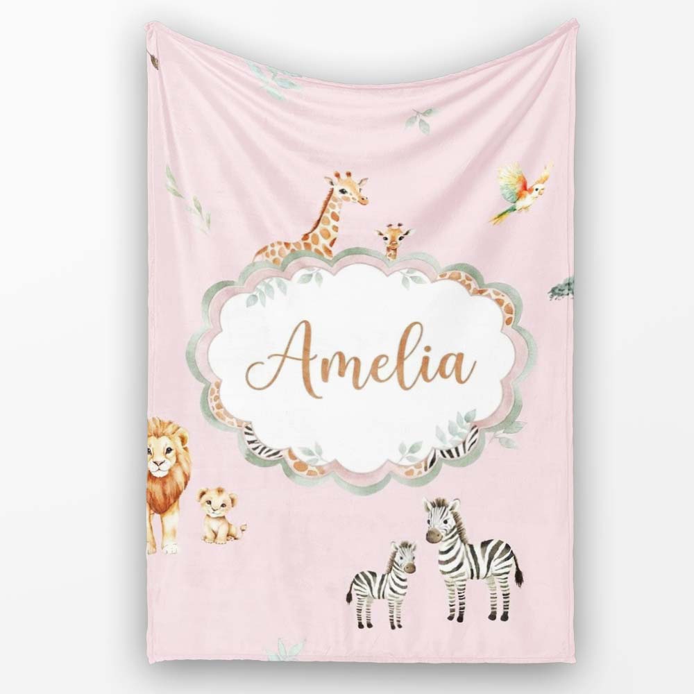 Safari Animals Giraffe Lion Zebra on Blush Pink Seamless Pattern  Personalised Custom Name Super Soft Fleece Blanket Bed Sofa Throw