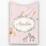 Safari Animals Giraffe Lion Zebra on Blush Pink Seamless Pattern  Personalised Custom Name Super Soft Fleece Blanket Bed Sofa Throw