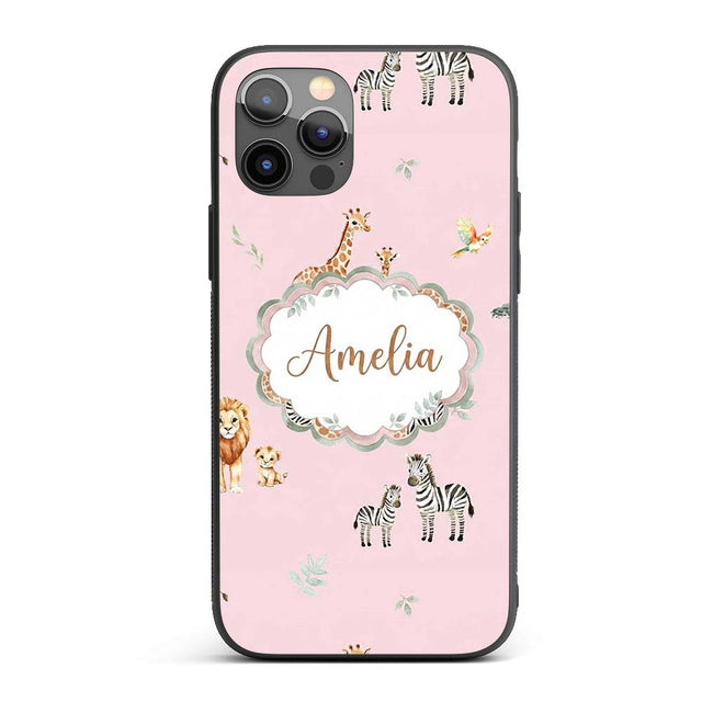 Safari Animals Giraffe Lion Zebra on Blush Pink Custom Name Protective Phone Case Mobile Cover Durable Everyday Smartphone Shock Resistant