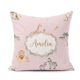 Custom Name Safari Animals Giraffe Lion Zebra Blush Pink Pattern Square Filled Cushion Throw Pillow Sofa Bed Home Decor Zip Washable UK Made