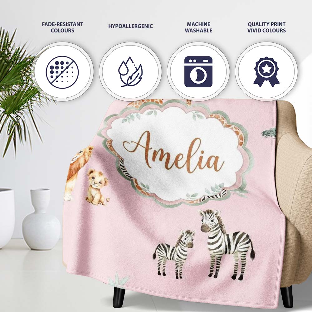 Safari Animals Giraffe Lion Zebra on Blush Pink Seamless Pattern  Personalised Custom Name Super Soft Fleece Blanket Bed Sofa Throw