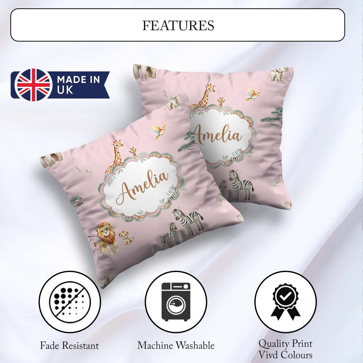 Custom Name Safari Animals Giraffe Lion Zebra Blush Pink Pattern Square Filled Cushion Throw Pillow Sofa Bed Home Decor Zip Washable UK Made