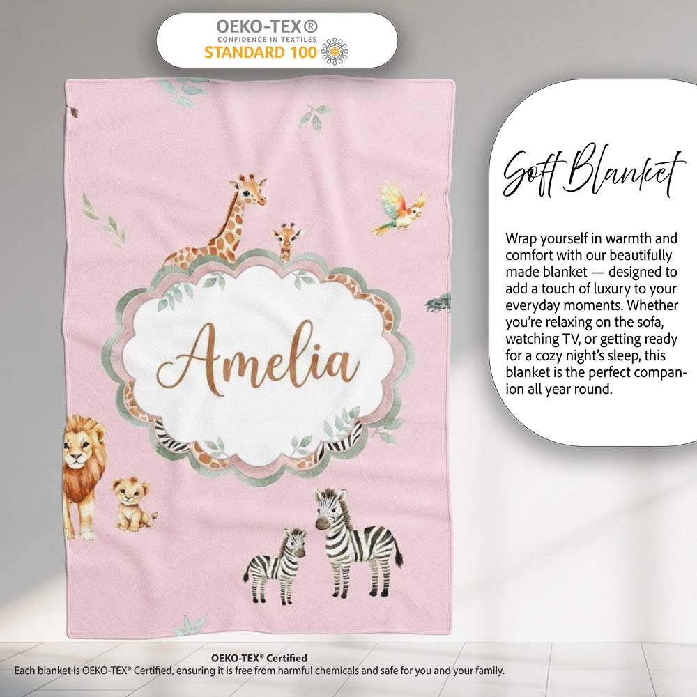 Safari Animals Giraffe Lion Zebra on Blush Pink Seamless Pattern  Personalised Custom Name Super Soft Fleece Blanket Bed Sofa Throw