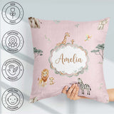 Custom Name Safari Animals Giraffe Lion Zebra Blush Pink Pattern Square Filled Cushion Throw Pillow Sofa Bed Home Decor Zip Washable UK Made