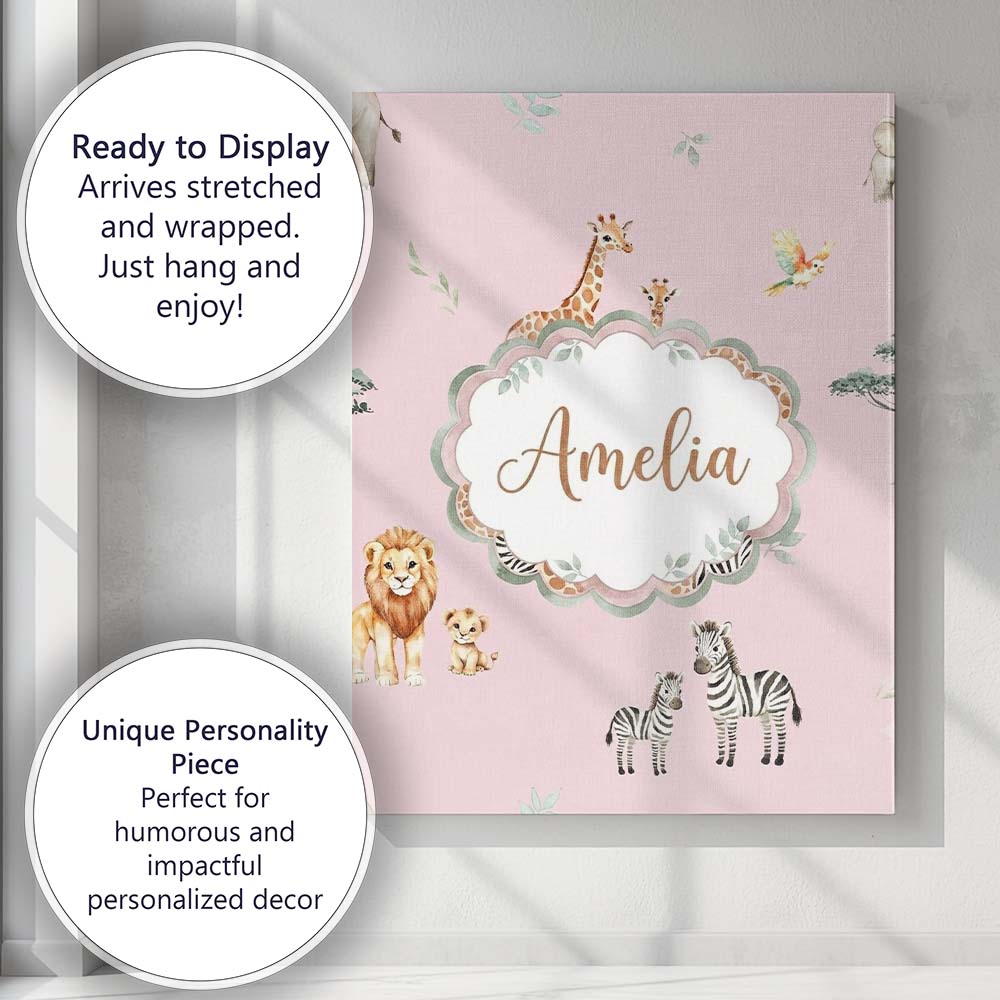 Personalised Name Safari Animals Giraffe Custom  Unique Gift Idea Elegant Feature Canvas Wall Art Print Decor Picture Ready to Hang