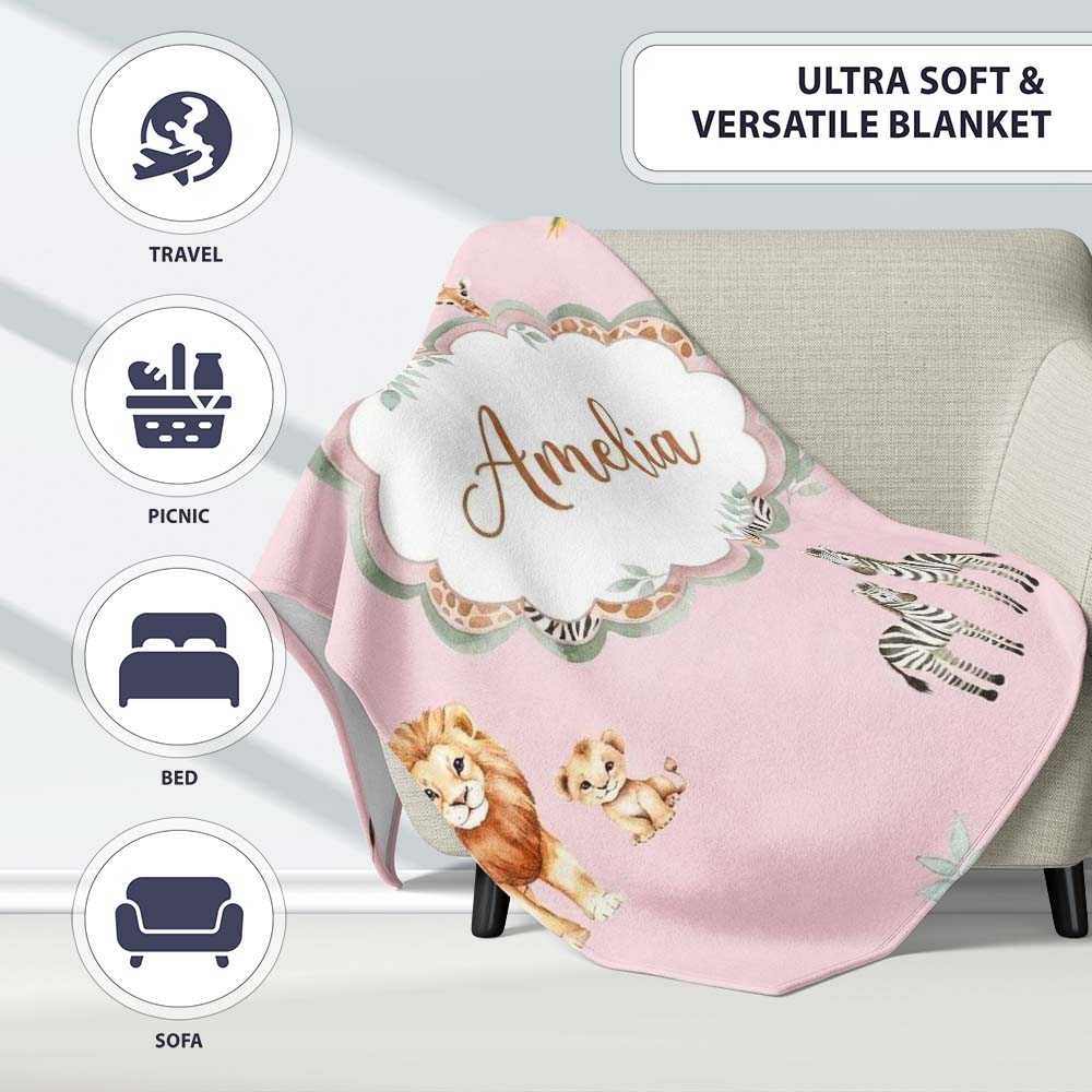 Safari Animals Giraffe Lion Zebra on Blush Pink Seamless Pattern  Personalised Custom Name Super Soft Fleece Blanket Bed Sofa Throw