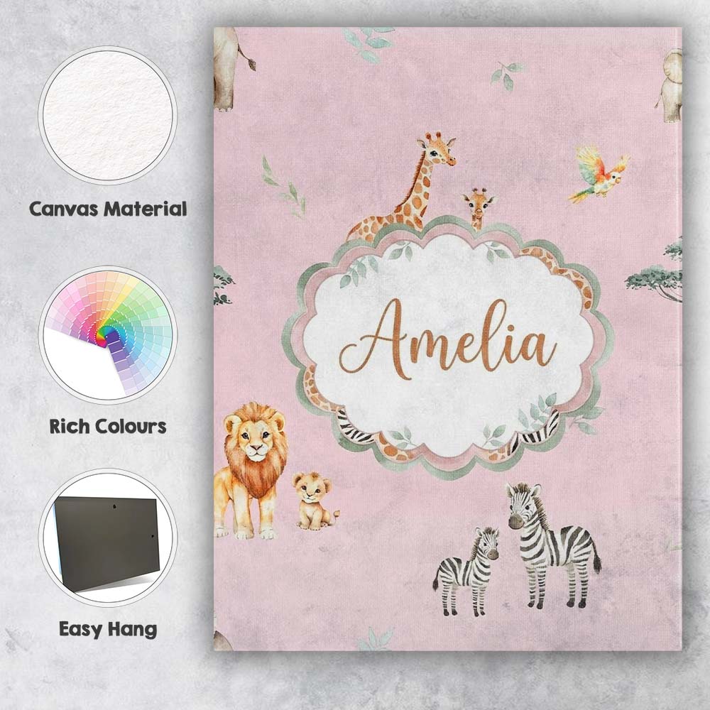 Personalised Name Safari Animals Giraffe Custom  Unique Gift Idea Elegant Feature Canvas Wall Art Print Decor Picture Ready to Hang