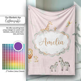 Safari Animals Giraffe Lion Zebra on Blush Pink Seamless Pattern  Personalised Custom Name Super Soft Fleece Blanket Bed Sofa Throw